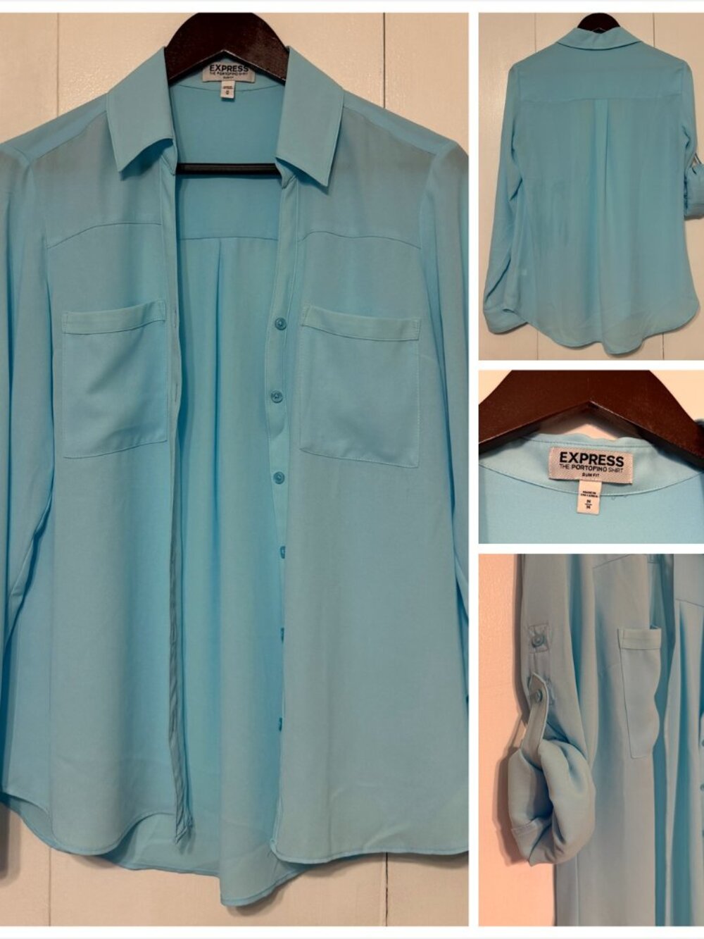 Express Portofino Shirt Slim Fit Light Blue Button Down Blouse Medium